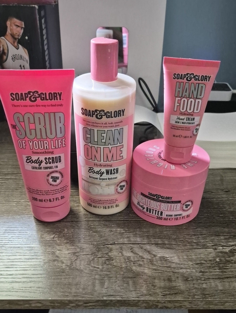 Soap & Glory Pink Body Care Quartet - Clean On Me, Scrub, BodyButter & Hand Food